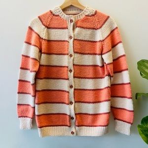 Vintage Hand Knit Cardigan Sweater Striped Charlie Brown Orange Ivory 1970s